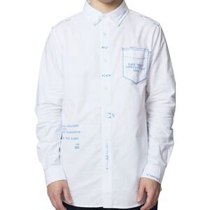Maison Markosian Mens Blueprint Print Button Down Shirt White Long Sleeve XL